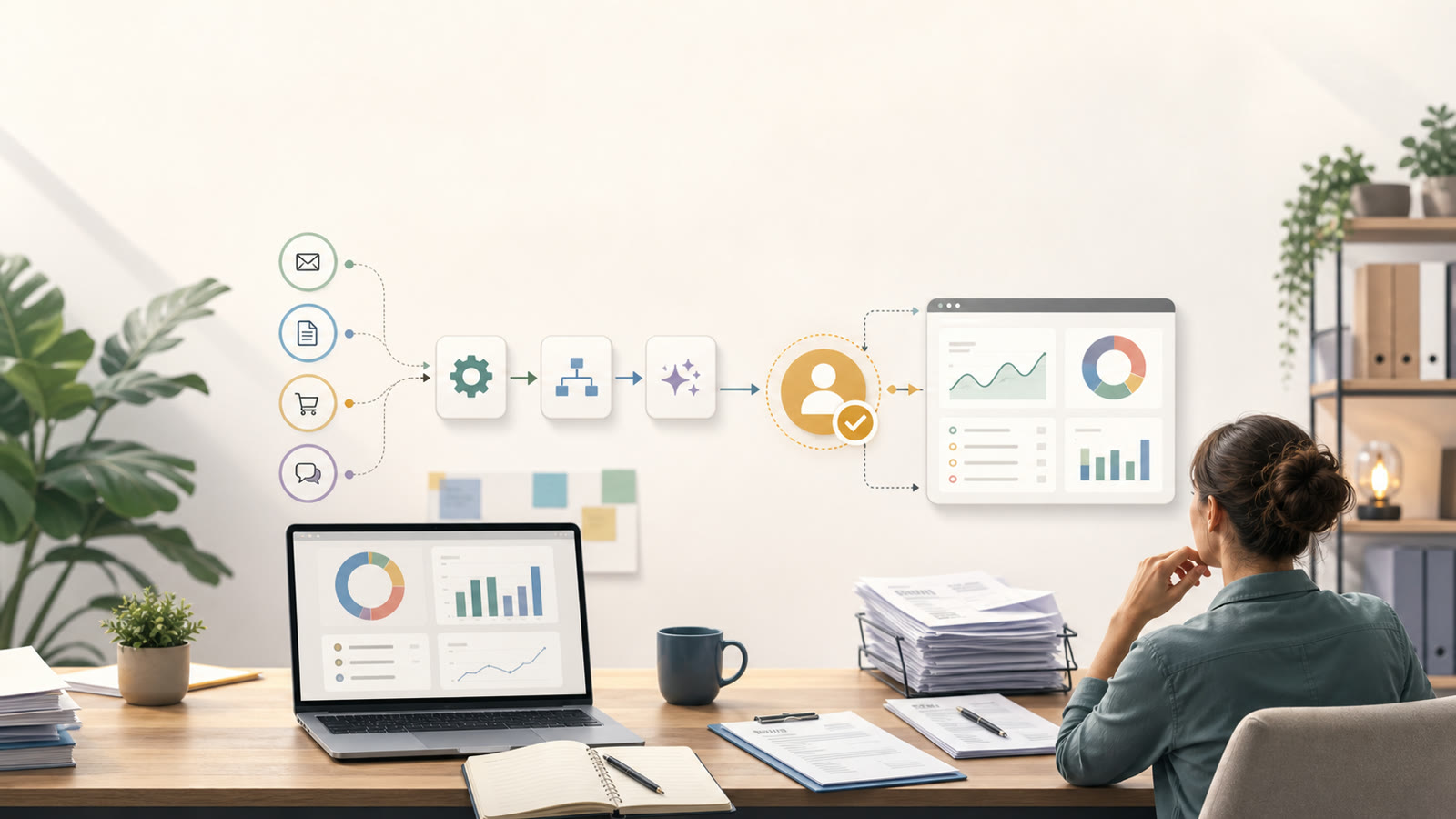 Small business workflow moving through AI automation steps into a human review dashboard