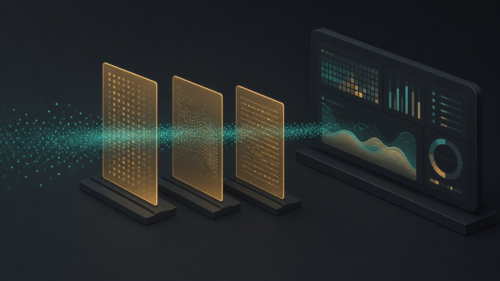 Abstract technical illustration of teal data moving through three amber control panels into an operations dashboard, representing scoped AI workflow guardrails and review points.