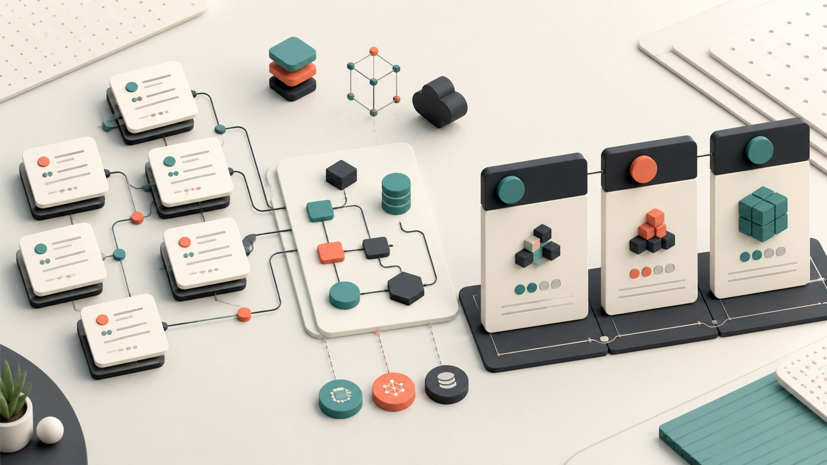 Illustrated business requirements cards flowing through workflow and data dependencies into a phased development roadmap