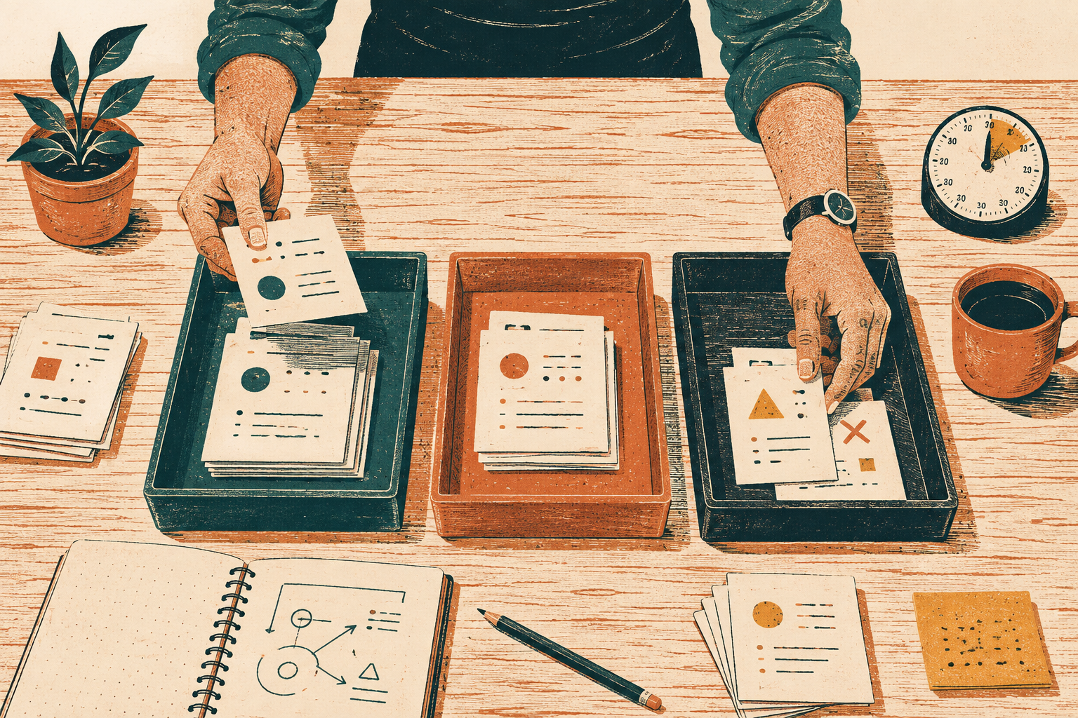 Operations professional sorts paper work cards into paced processing and exception trays at a small-business workflow desk.