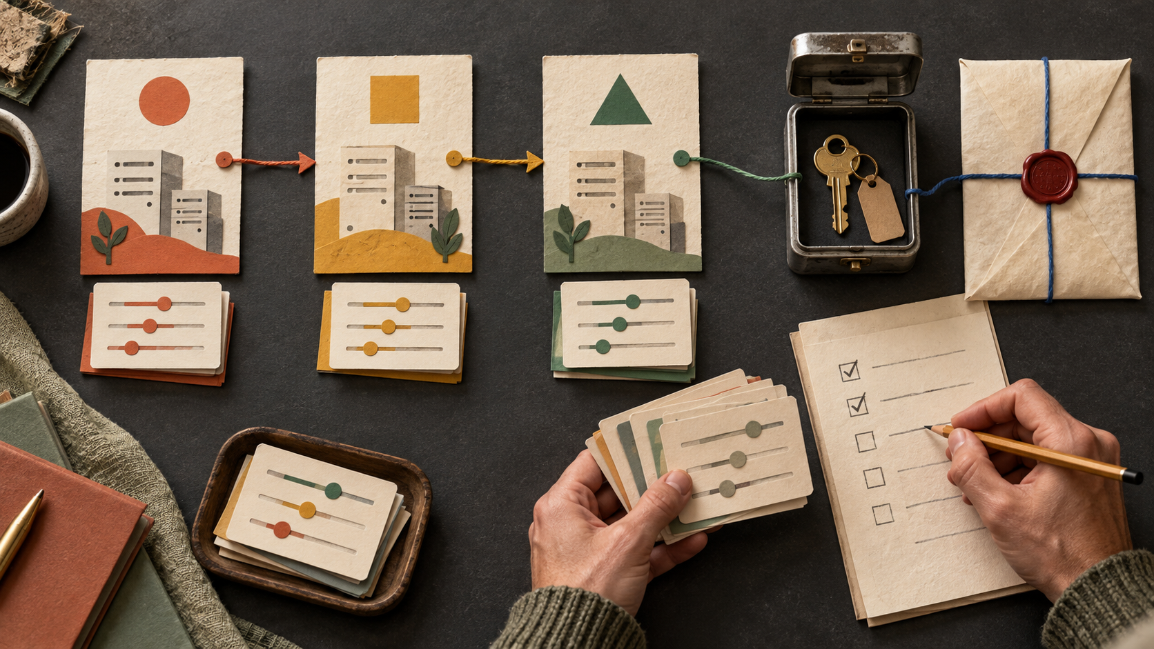 DevOps engineer's hands comparing deployment configuration cards across three stages beside a protected key box and checklist