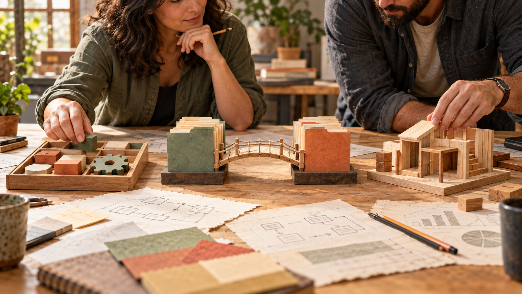 Small-business operations lead and software developer comparing a configurable tool, an integration bridge, and a custom wooden application model on a planning table