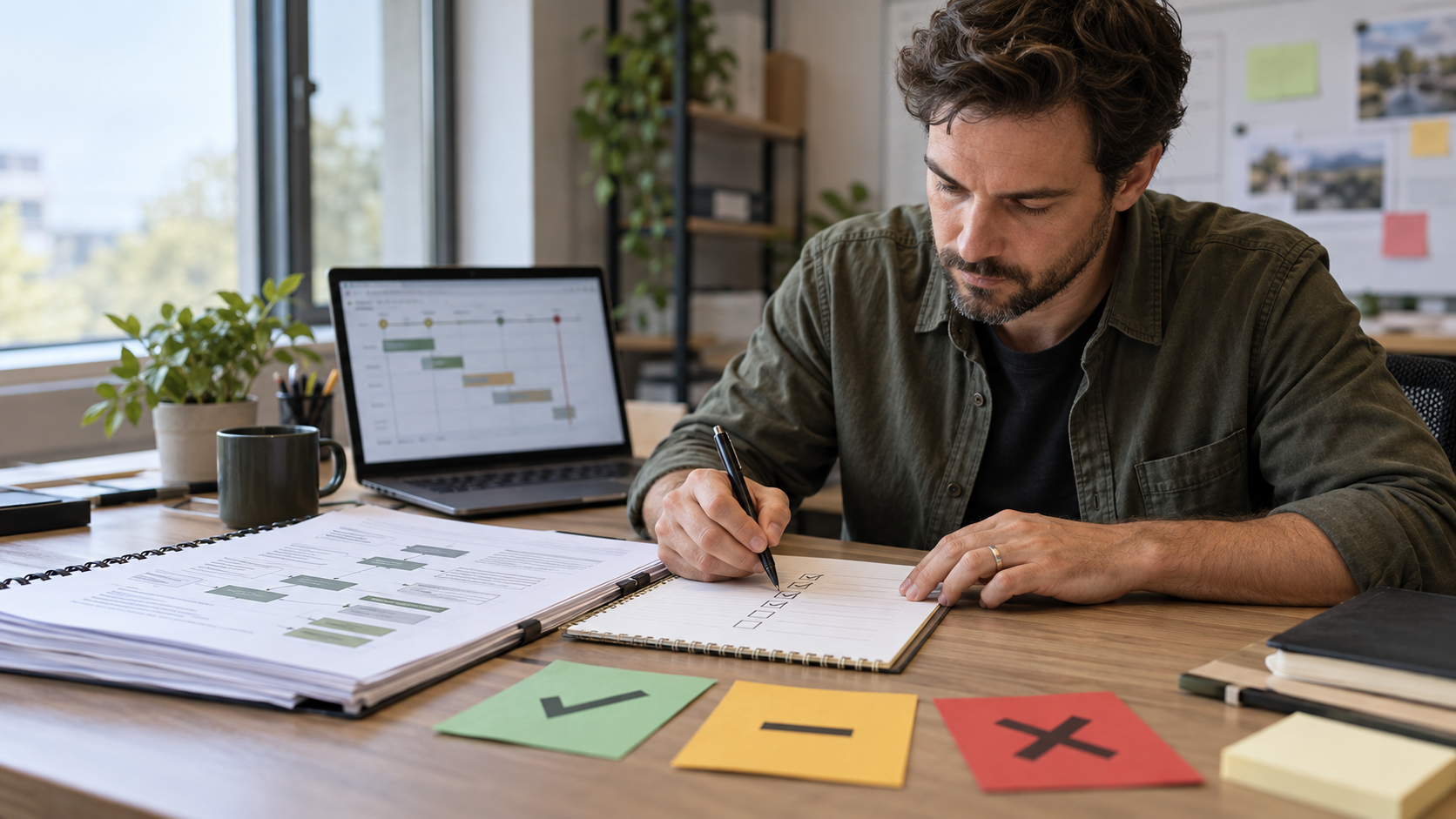 Release coordinator marking a rollback checklist beside a laptop deployment timeline and go-no-go cards